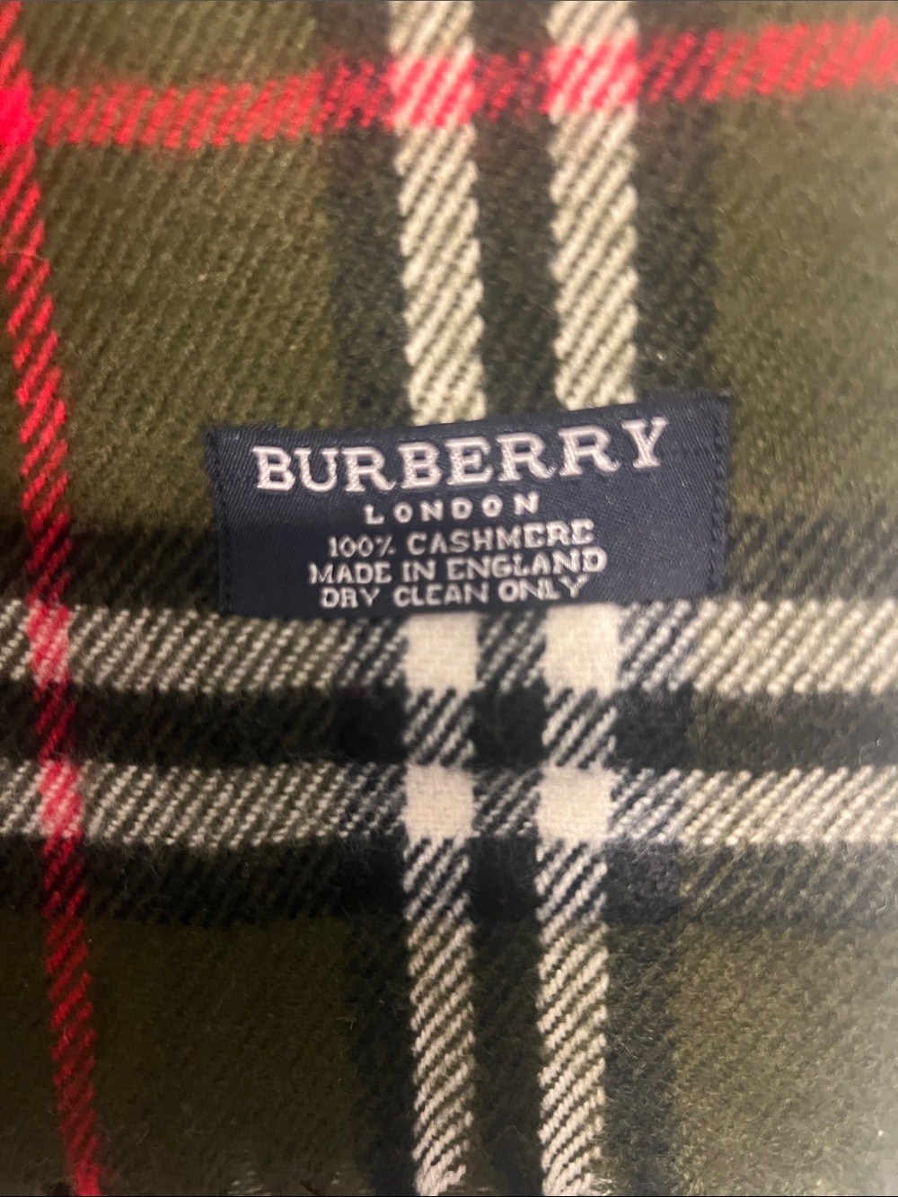 Burberry Olive Green Plaid Cashmere Scarf with Red & White Stripes - Picture 2 of 2